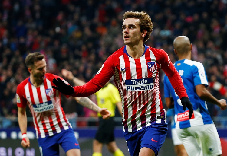 Antoine Griezmann celebrates scoring Atletico Madrid's first goal in La Liga game vs Espanyol