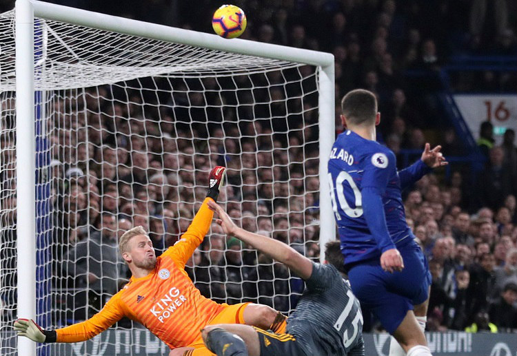 Eden Hazard strike blocks by Kasper Schmeichel during the Premier League game between Chelsea & Leicester