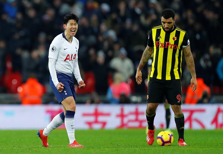 Son Heung-min scores an equaliser during the Premier League match between Tottenham and Watford