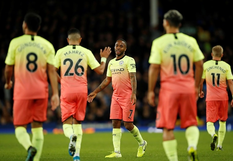 Raheem Sterling scores in the 84th minute during a Premier League match between City and Everton