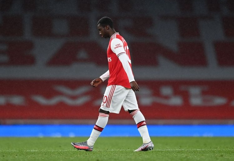 Eddie Nketiah receives a red card in Arsenal vs Leicester City match in Premier League