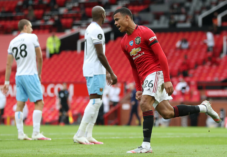 Manchester United forward Mason Greenwood scores against West Ham United in the Premier League