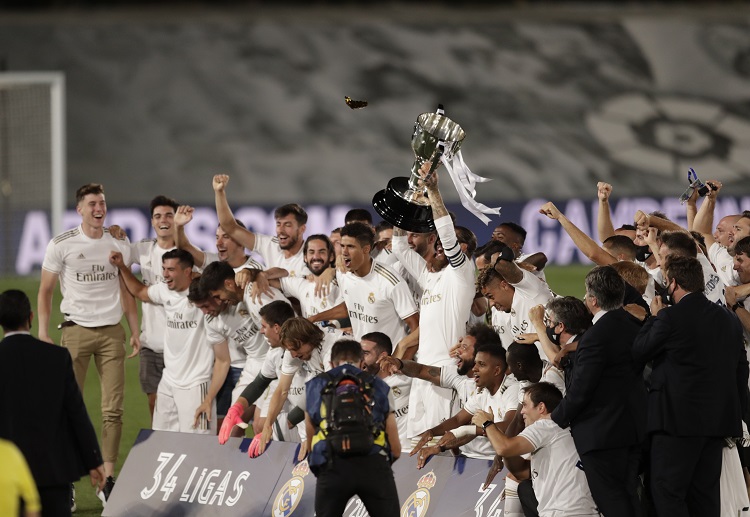 Real Madrid lifting the trophy after winning the La Liga season 2019-20