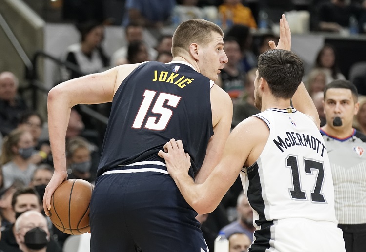 Denver Nuggets’ Nikola Jokic trying to score during the NBA match against the San Antonio Spurs