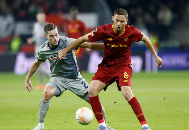 Red Bull Salzburg's Luka Sucic aism to score against AS Roma in the Europa League