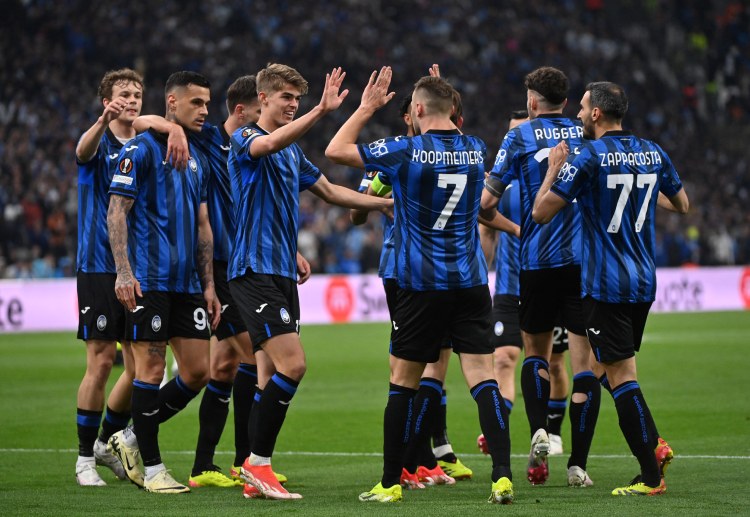 Gianluca Scamacca celebrates with teammates after scoring against Marseille in Europa League